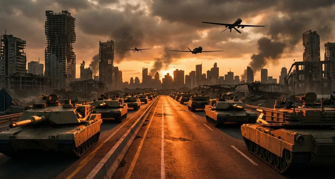 Capa de Guerra no Irã com estrada deserta, tanques, ruínas e drones ao entardecer